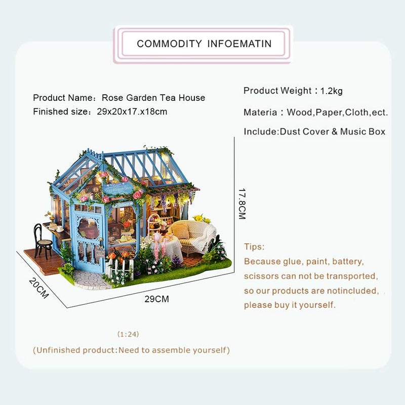CUTEBEE Dollhouse Miniature House with Furniture, DIY Dollhouse Kit with Dust Proof, Music Movement, 1:24 Scale Creative Room for Gift for Family (Rose Garden Tea House) - Image 5